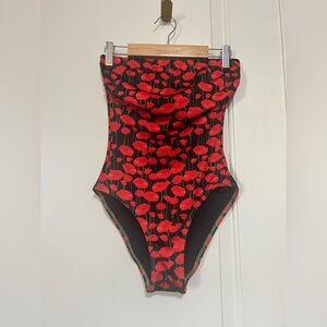 🌹🌹 Parisian Summer Red Poppy One Piece Strapless Swimsuit 🌹🌹
